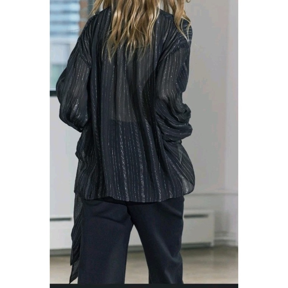 Zara ZW Collection Metallic Thread Semi-sheer Tie Neck Blouse Black Sz M NWT - Picture 7 of 8